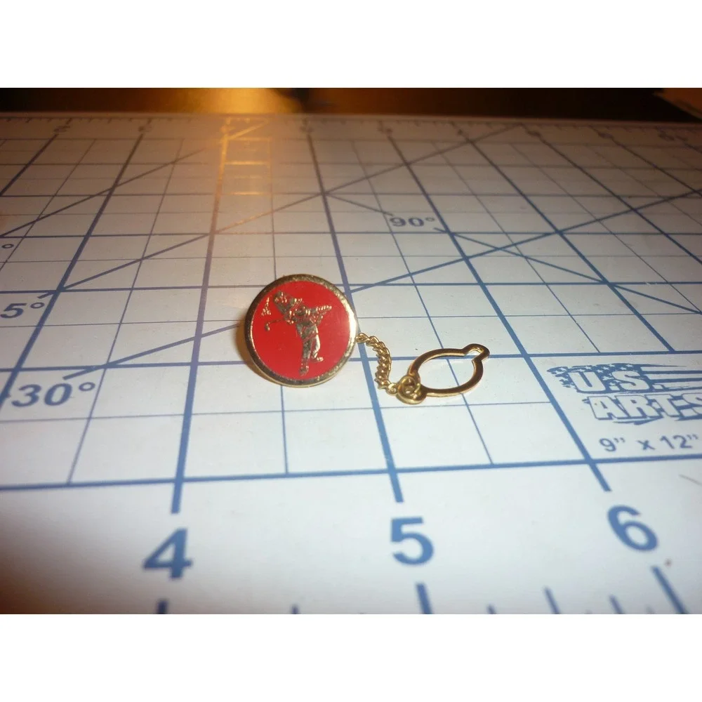 Vintage Golfer Tie Tac Pin Red Enamel Gold Tone Golf Swing Chain Button Loop